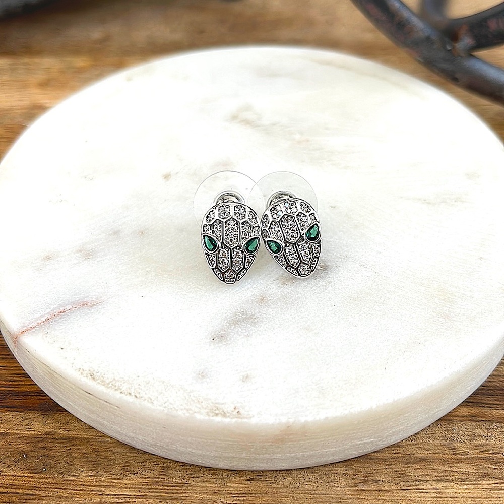 Silver emerald snake head earrings